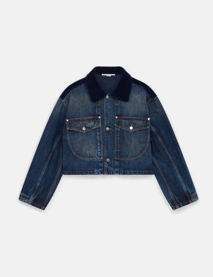 Women Corduroy Collar Denim Jacket Dark Wash Blue Denim Stella McCartney Denim