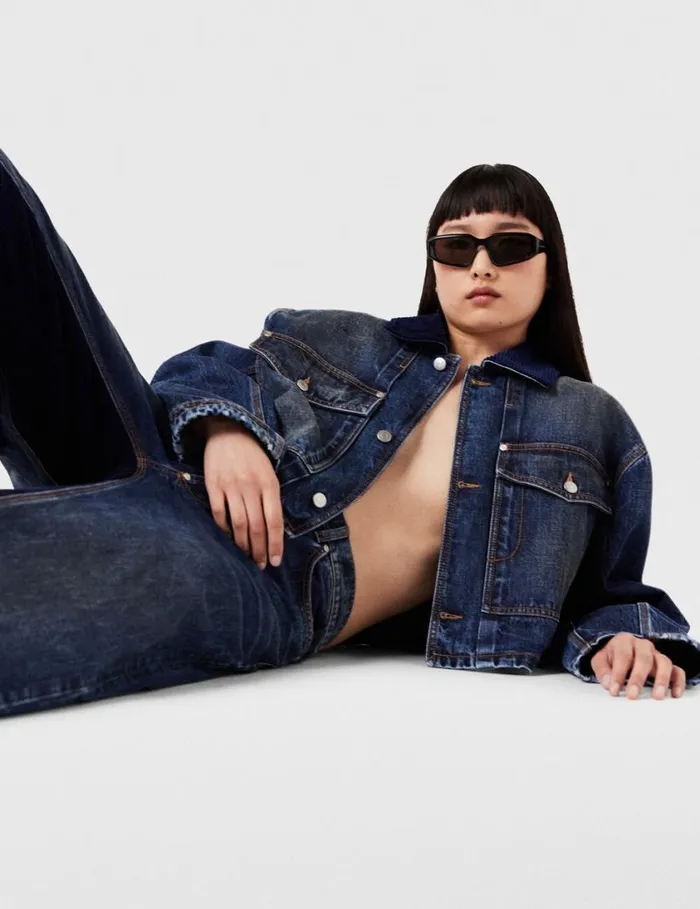Women Corduroy Collar Denim Jacket Dark Wash Blue Denim Stella McCartney Denim
