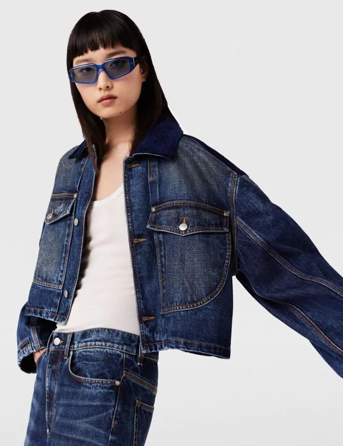 Women Corduroy Collar Denim Jacket Dark Wash Blue Denim Stella McCartney Denim