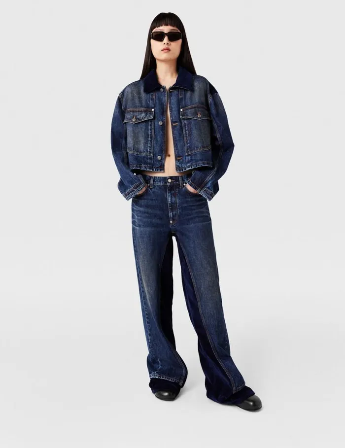 Women Corduroy Collar Denim Jacket Dark Wash Blue Denim Stella McCartney Denim