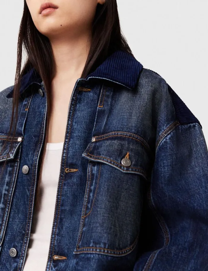 Women Corduroy Collar Denim Jacket Dark Wash Blue Denim Stella McCartney Denim