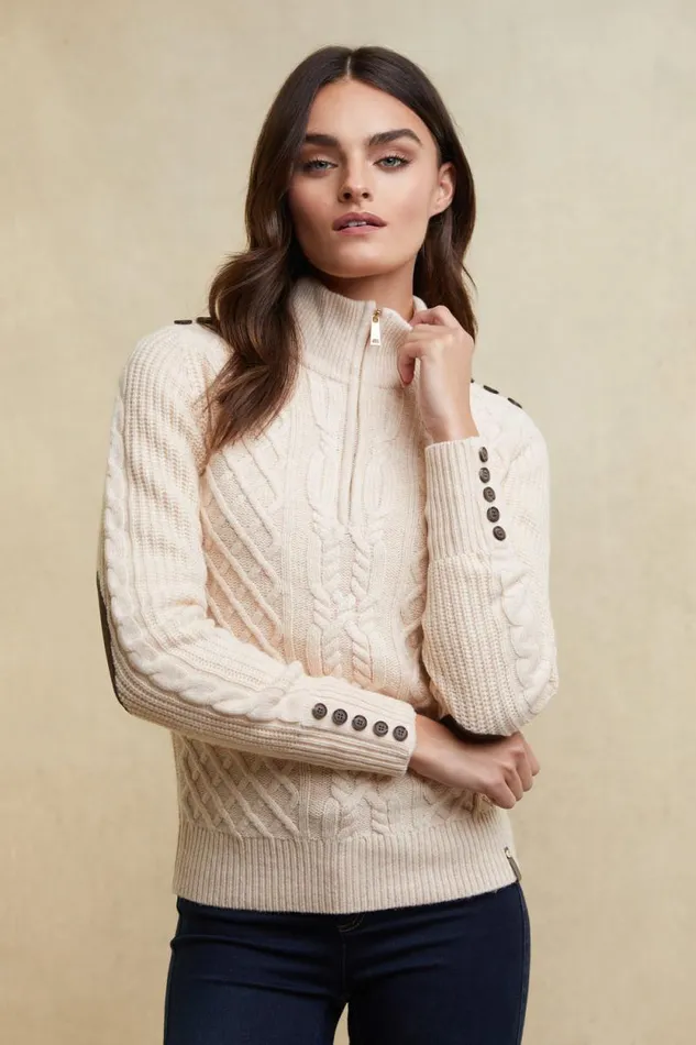 Women Country Cable Quarter Zip Knit Oat Holland Cooper Knitwear