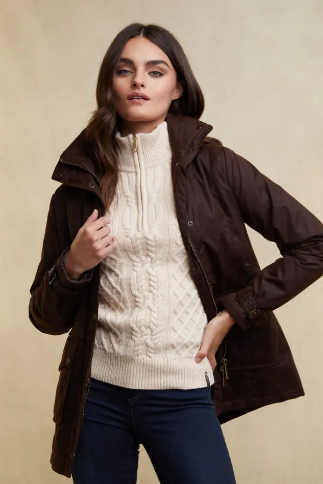 Women Country Cable Quarter Zip Knit Oat Holland Cooper Knitwear Women Country Cable Quarter Zip Knit Oat Holland Cooper Knitwear
