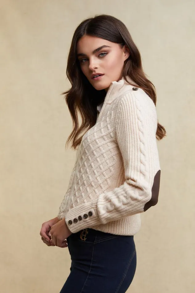 Women Country Cable Quarter Zip Knit Oat Holland Cooper Knitwear Women Country Cable Quarter Zip Knit Oat Holland Cooper Knitwear