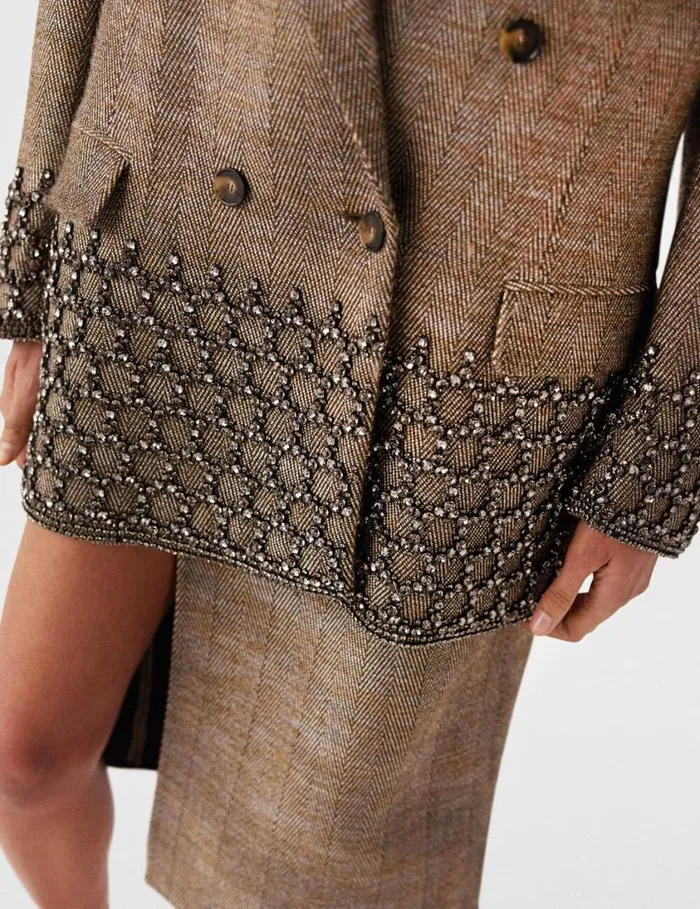 Women Crystal Cage Oversized Blazer Beige Tweed Stella McCartney Coats And Jackets Women Crystal Cage Oversized Blazer Beige Tweed Stella McCartney Coats And Jackets