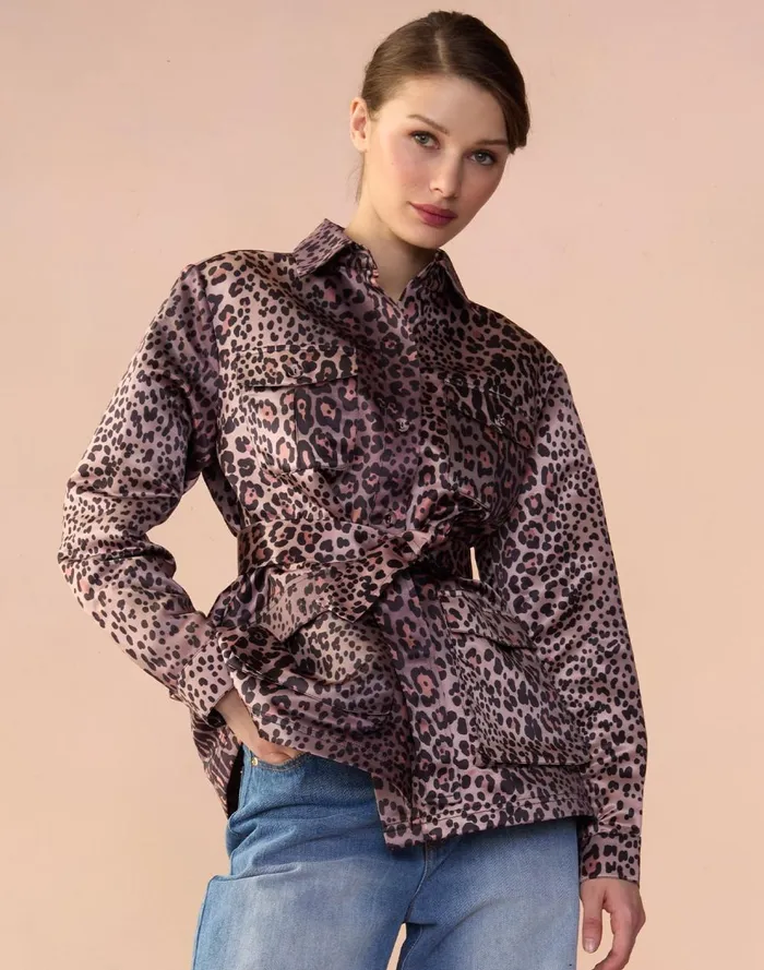 Women Cynthia Rowley Outerwear Leopardess Satin Safari Jacket Leopd