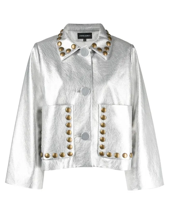 Women Cynthia Rowley Outerwear Studded Vegan Leather Jacket Silver