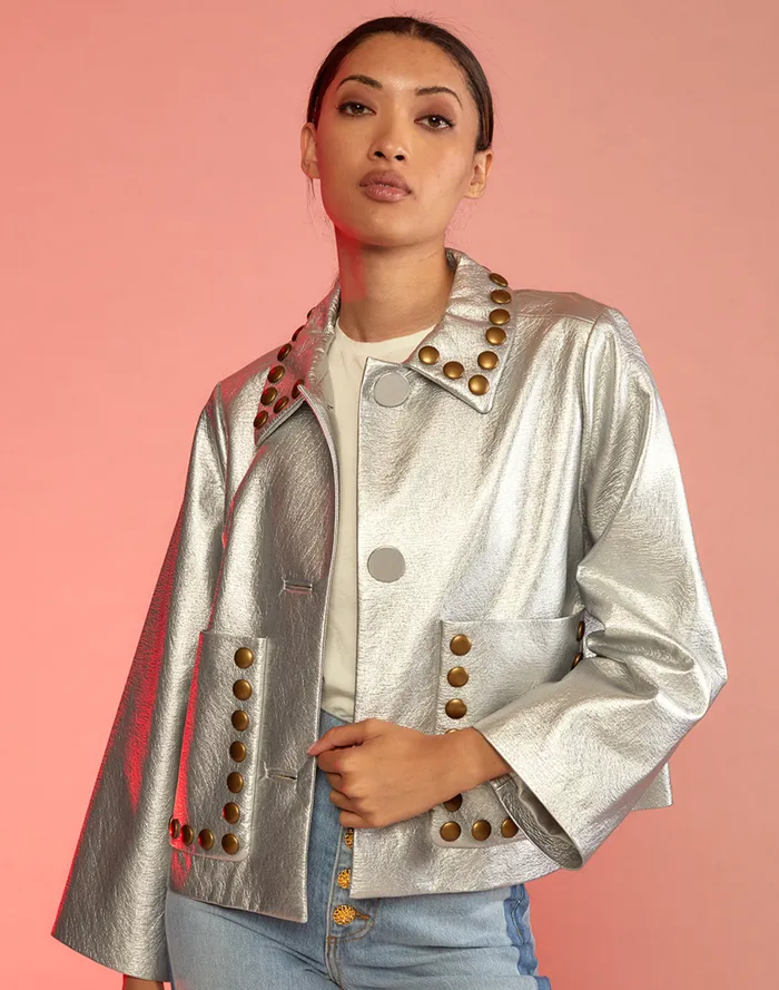 Women Cynthia Rowley Outerwear Studded Vegan Leather Jacket Silver