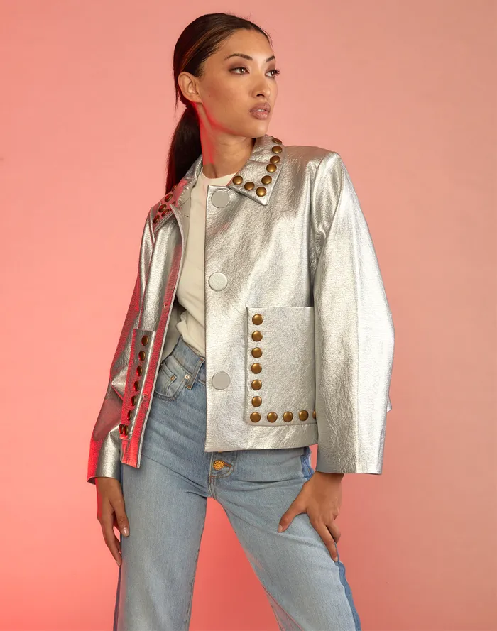 Women Cynthia Rowley Outerwear Studded Vegan Leather Jacket Silver