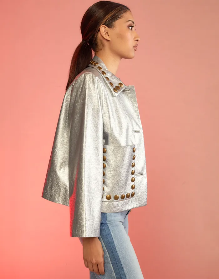Women Cynthia Rowley Outerwear Studded Vegan Leather Jacket Silver