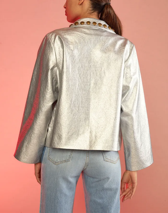 Women Cynthia Rowley Outerwear Studded Vegan Leather Jacket Silver