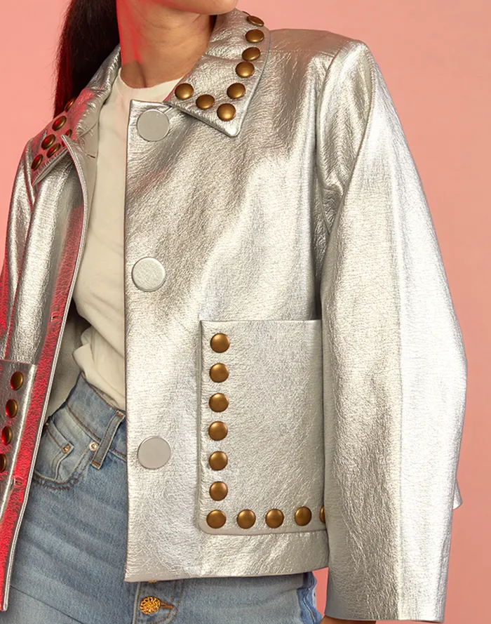 Women Cynthia Rowley Outerwear Studded Vegan Leather Jacket Silver