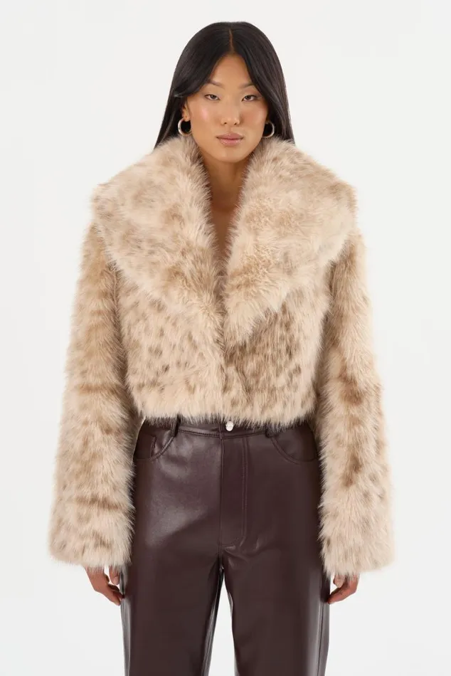 Women DANIKA LEO Faux Fur Crop Jacket Beige Leopard LAMARQUE Faux Fur