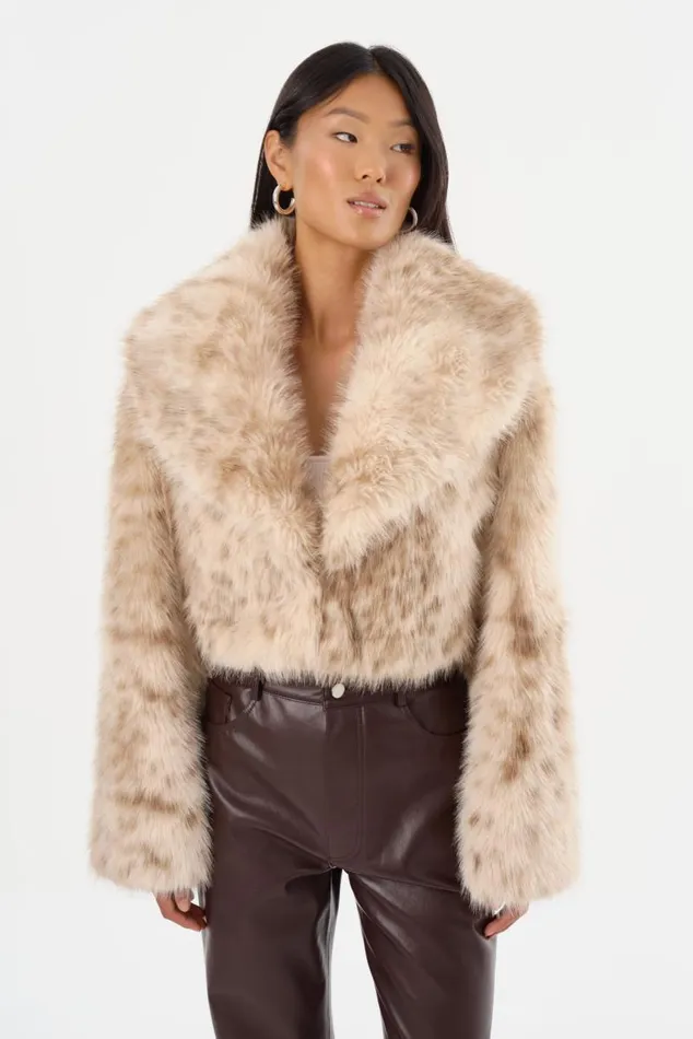 Women DANIKA LEO Faux Fur Crop Jacket Beige Leopard LAMARQUE Faux Fur Women DANIKA LEO Faux Fur Crop Jacket Beige Leopard LAMARQUE Faux Fur