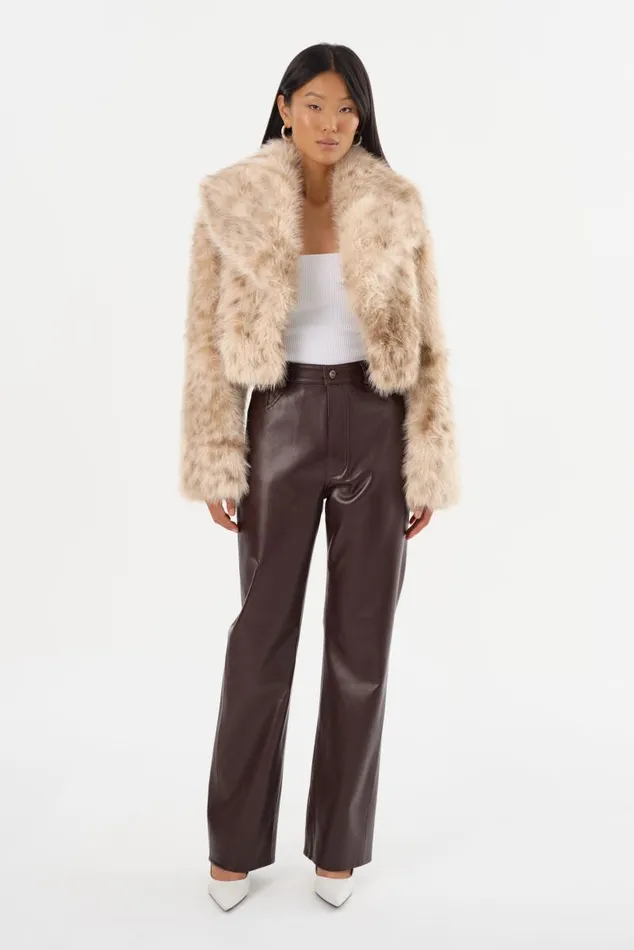 Women DANIKA LEO Faux Fur Crop Jacket Beige Leopard LAMARQUE Faux Fur Women DANIKA LEO Faux Fur Crop Jacket Beige Leopard LAMARQUE Faux Fur