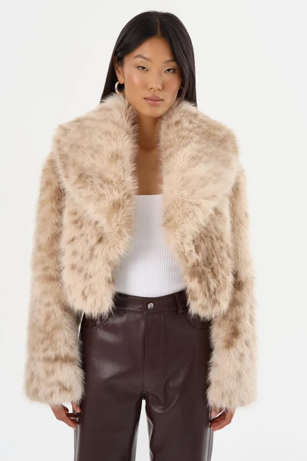 Women DANIKA LEO Faux Fur Crop Jacket Beige Leopard LAMARQUE Faux Fur Women DANIKA LEO Faux Fur Crop Jacket Beige Leopard LAMARQUE Faux Fur