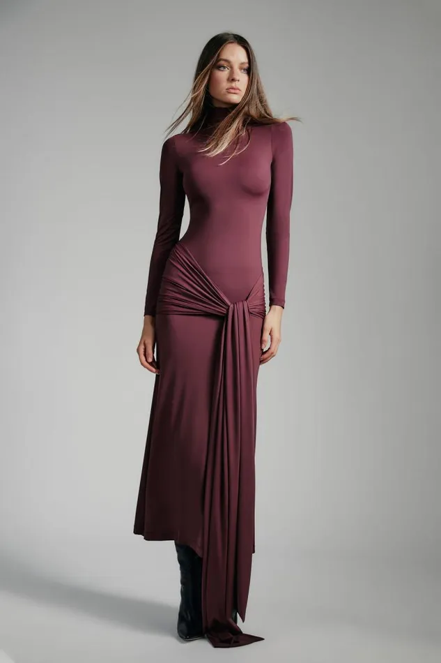 Women Day To Night Dresses Bardot Alix Maxi Tie Front Dress In Deep Plum Deep Plum
