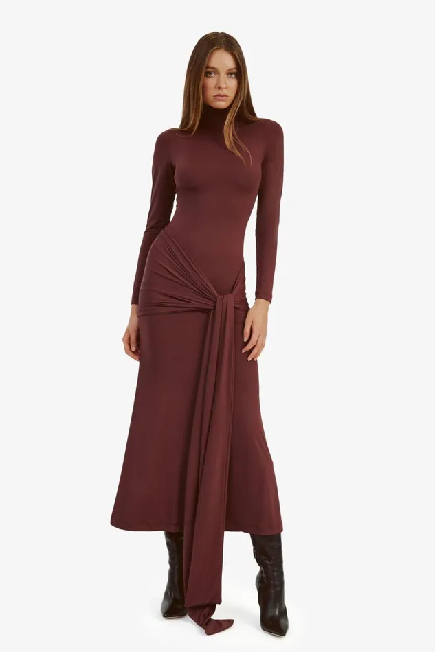 Women Day To Night Dresses Bardot Alix Maxi Tie Front Dress In Deep Plum Deep Plum