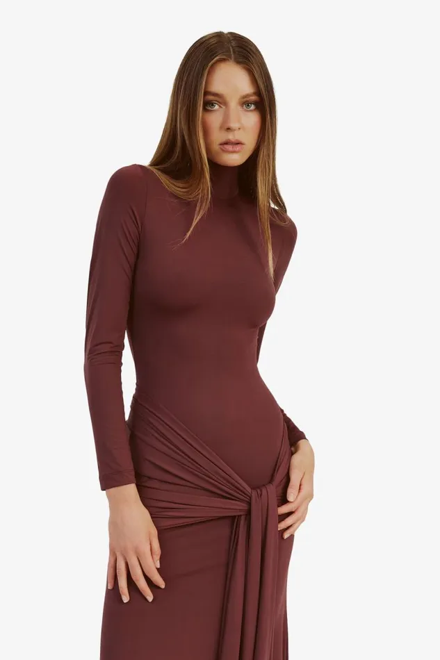 Women Day To Night Dresses Bardot Alix Maxi Tie Front Dress In Deep Plum Deep Plum