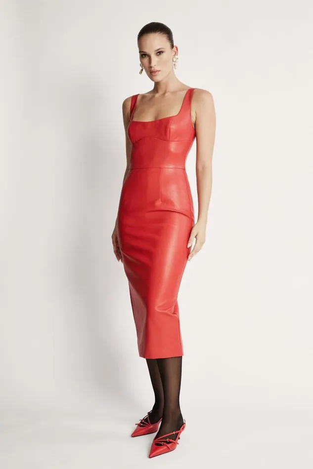 Women Day To Night Dresses Bardot Kassy Vegan Leather Dress In Famous Red Famous Red