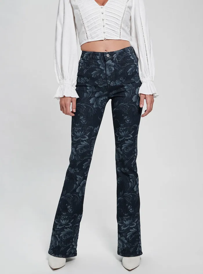Women Denim GUESS Eco Highrise Flare Adeline Denim Jeans In Wild Flower Print Wash