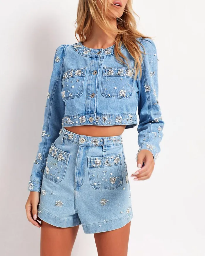Women Denim PatBO HandBeaded Cropped Denim Jacket FINAL SALE Denim
