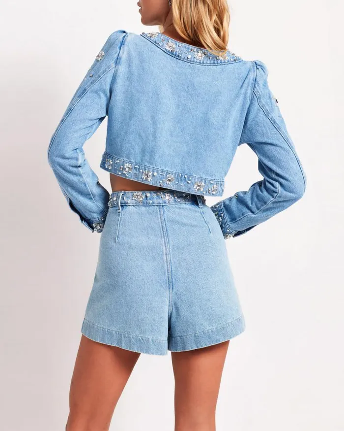 Women Denim PatBO HandBeaded Cropped Denim Jacket FINAL SALE Denim
