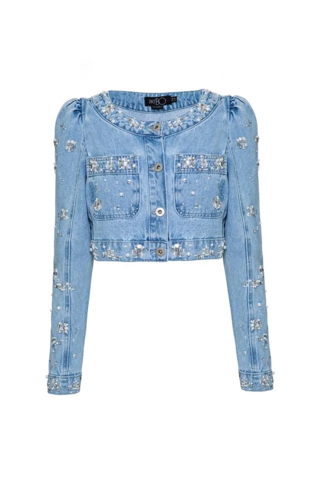 Women Denim PatBO HandBeaded Cropped Denim Jacket FINAL SALE Denim