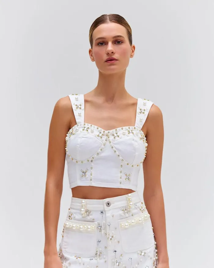 Women Denim PatBO Handbeaded Denim Top FINAL SALE White