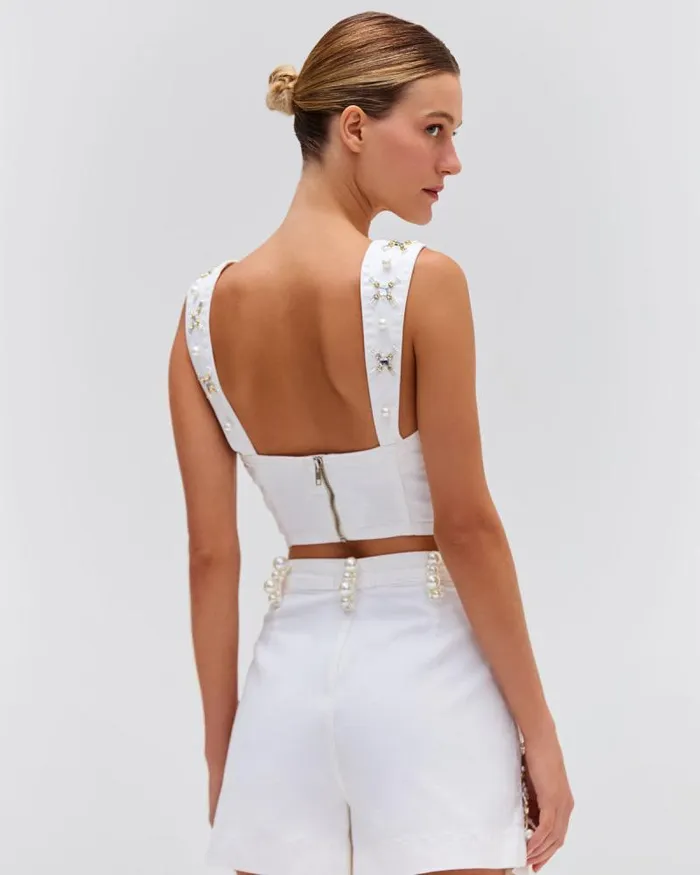 Women Denim PatBO Handbeaded Denim Top FINAL SALE White