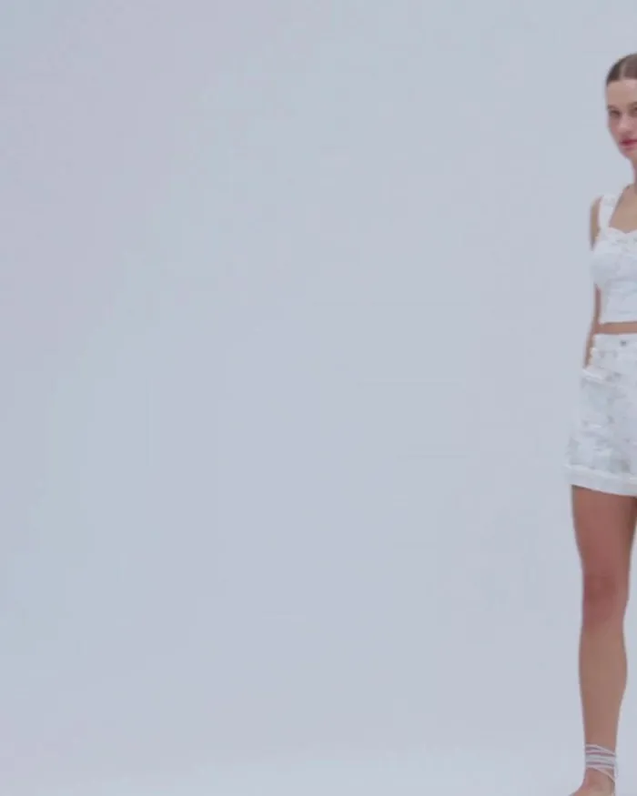 Women Denim PatBO Handbeaded Denim Top FINAL SALE White