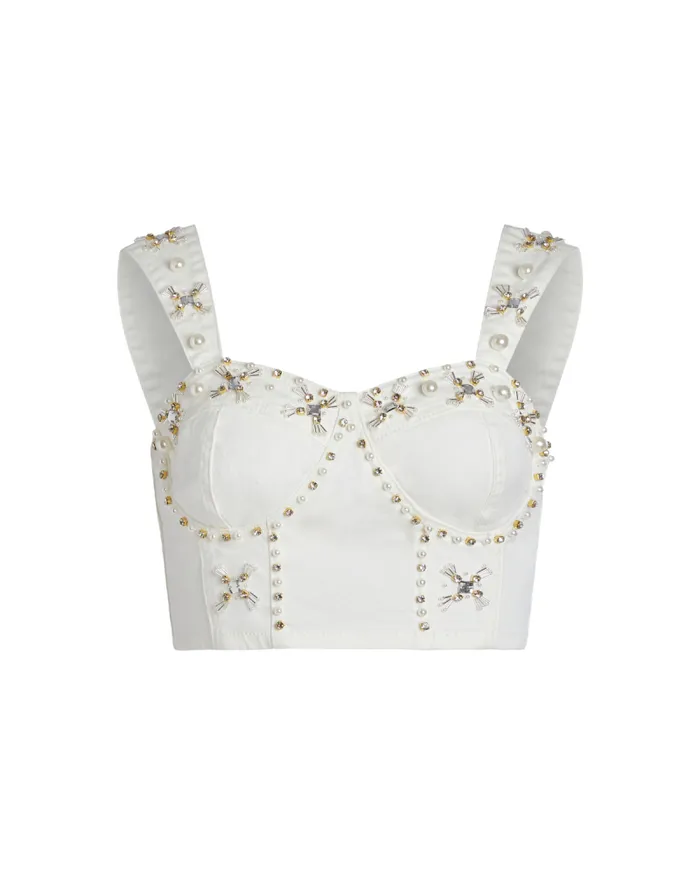 Women Denim PatBO Handbeaded Denim Top FINAL SALE White