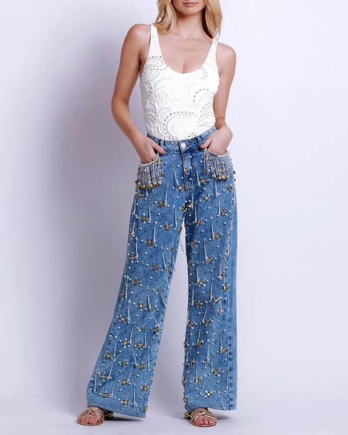 Women Denim PatBO HANDBEADED HIGH WAIST JEANS FINAL SALE Denim