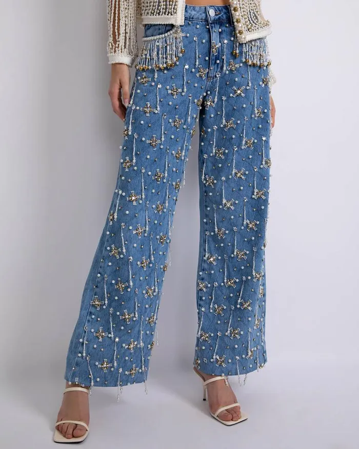 Women Denim PatBO HANDBEADED HIGH WAIST JEANS FINAL SALE Denim