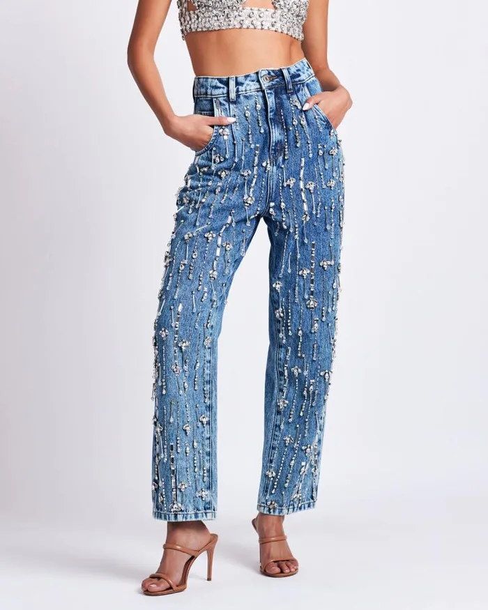 Women Denim PatBO Rhinestone Beaded Jeans Denim