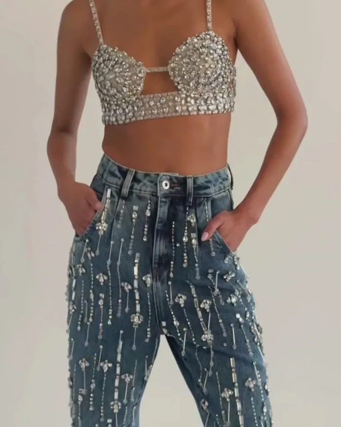 Women Denim PatBO Rhinestone Beaded Jeans Denim