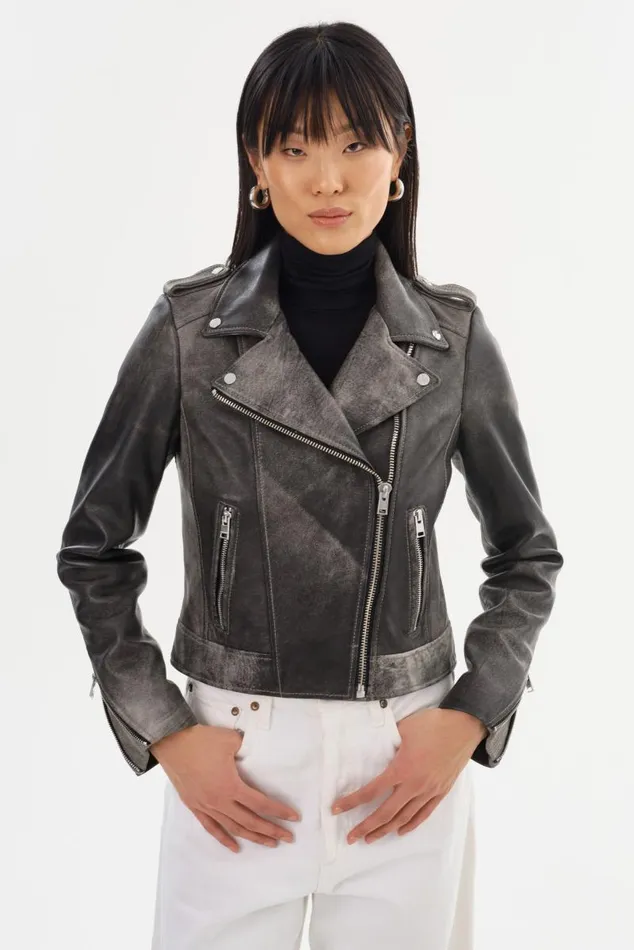 Women DONNA Iconic Leather Biker Jacket Fossil Grey LAMARQUE Leather Jackets