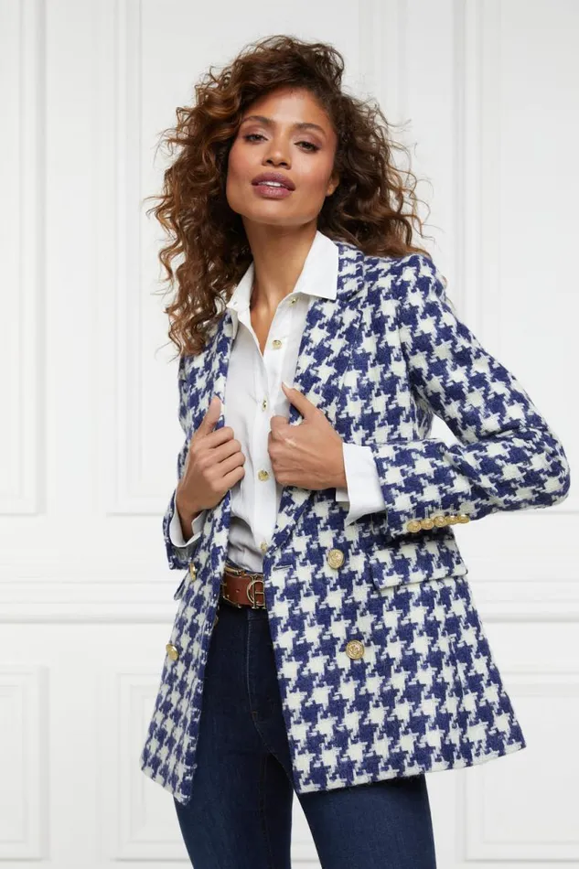 Women Double Breasted Blazer Large Scale Navy Houndstooth Holland Cooper Tailoring