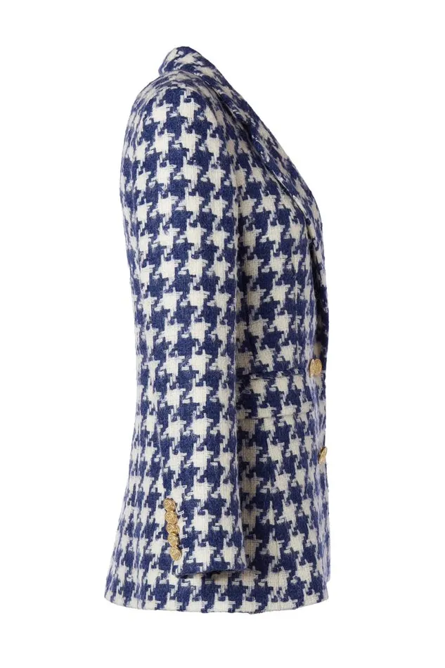 Women Double Breasted Blazer Large Scale Navy Houndstooth Holland Cooper Tailoring