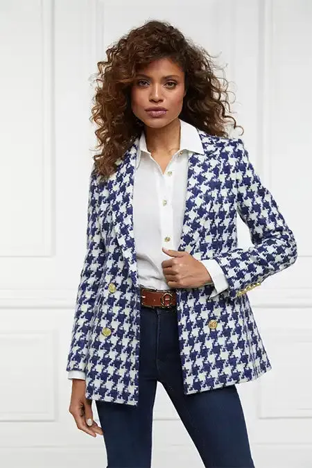 Women Double Breasted Blazer Large Scale Navy Houndstooth Holland Cooper Tailoring