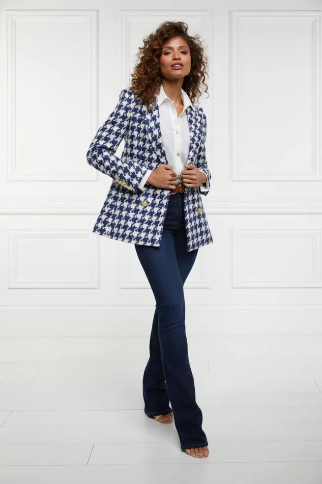 Women Double Breasted Blazer Large Scale Navy Houndstooth Holland Cooper Tailoring