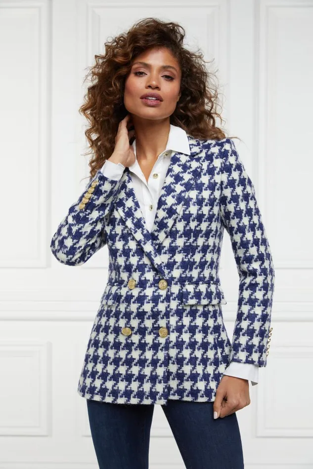 Women Double Breasted Blazer Large Scale Navy Houndstooth Holland Cooper Tailoring