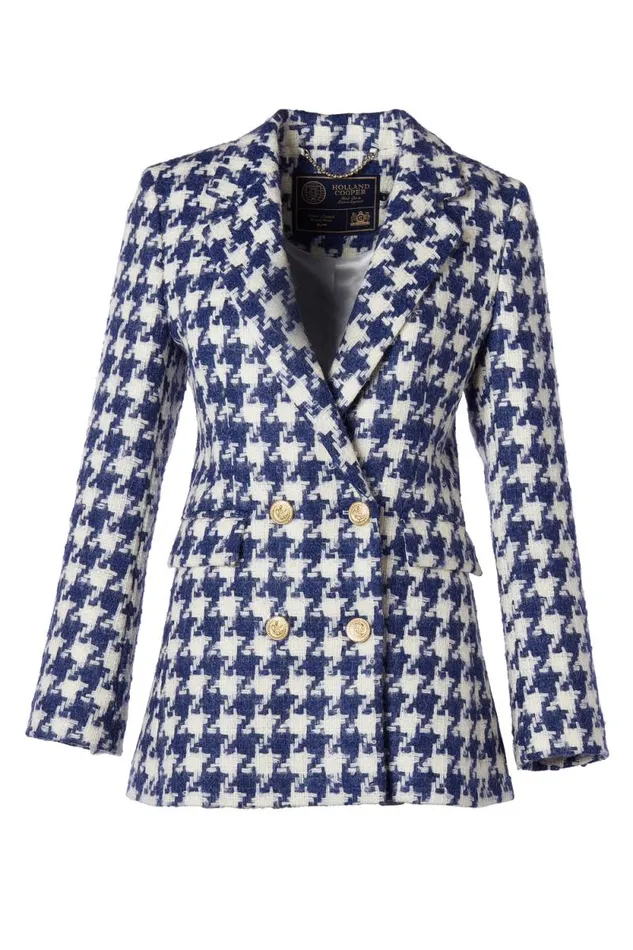 Women Double Breasted Blazer Large Scale Navy Houndstooth Holland Cooper Tailoring