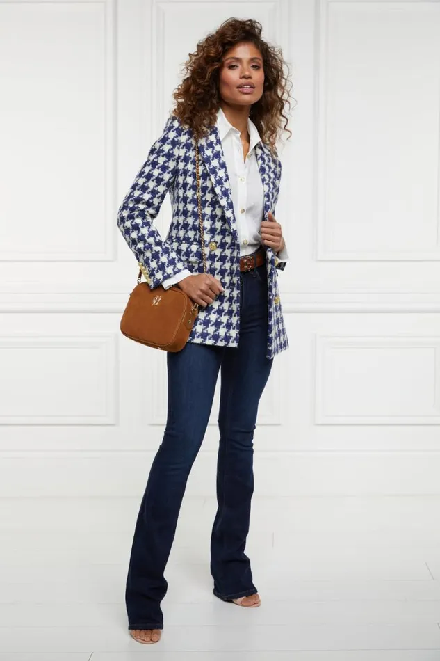 Women Double Breasted Blazer Large Scale Navy Houndstooth Holland Cooper Tailoring