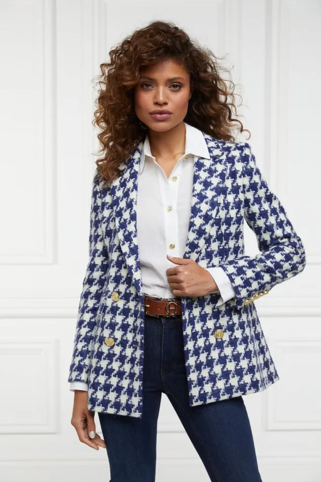 Women Double Breasted Blazer Large Scale Navy Houndstooth Holland Cooper Tailoring