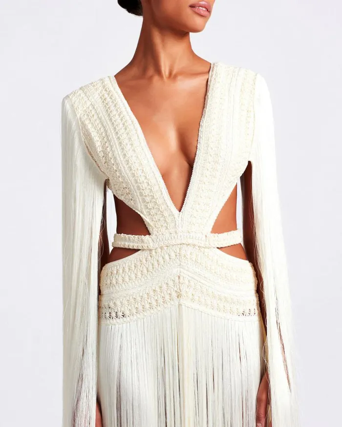 Women Dresses and Jumpsuits PatBO ALLOVER PLUNGING FRINGE DRESS RUNWAY White