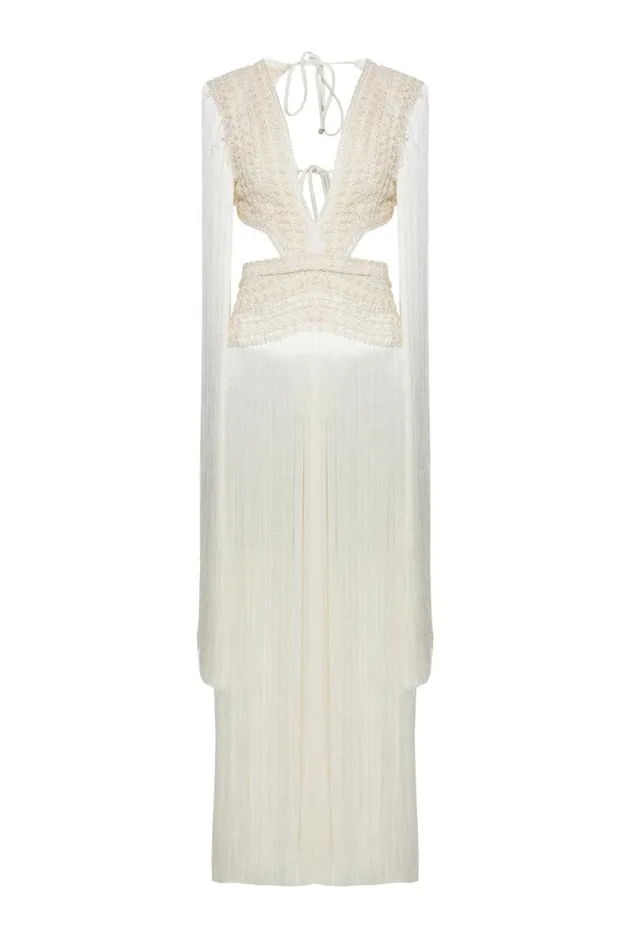 Women Dresses and Jumpsuits PatBO ALLOVER PLUNGING FRINGE DRESS RUNWAY White