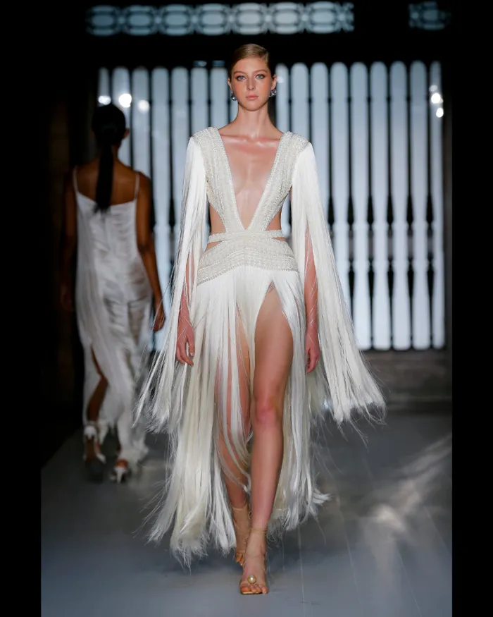 Women Dresses and Jumpsuits PatBO ALLOVER PLUNGING FRINGE DRESS RUNWAY White