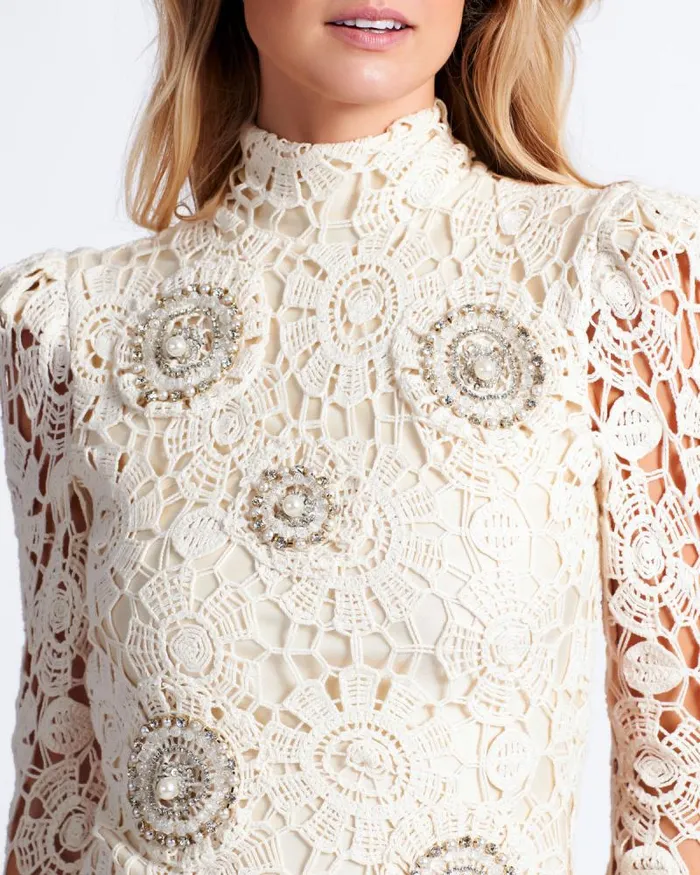 Women Dresses and Jumpsuits PatBO Beaded Crochet Open Back Mini Dress Wheat
