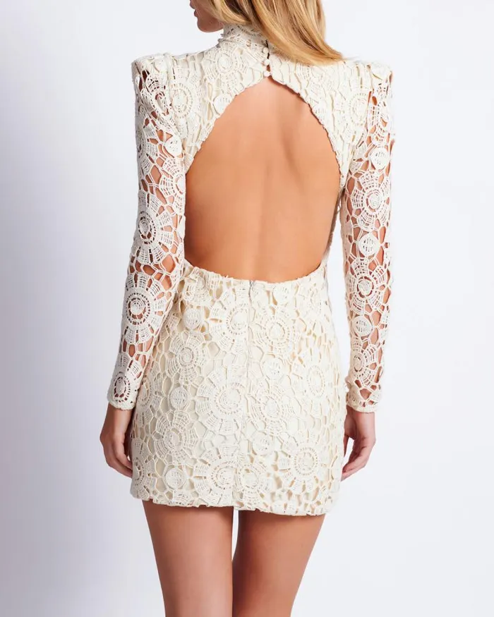 Women Dresses and Jumpsuits PatBO Beaded Crochet Open Back Mini Dress Wheat